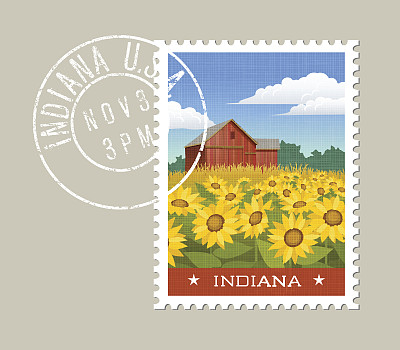 印第安纳州邮票设计：乡村风景，红色谷仓与向日葵矢量图，带有独立图层的Grunge邮戳素材图片