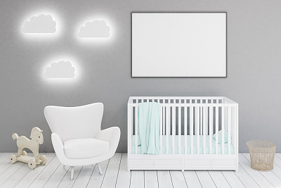 有扶手椅和海报的儿童房图片下载