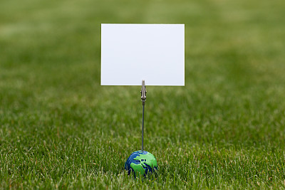 微型地球仪举着一张空的白色卡片，周围环绕着新鲜的绿草图片下载