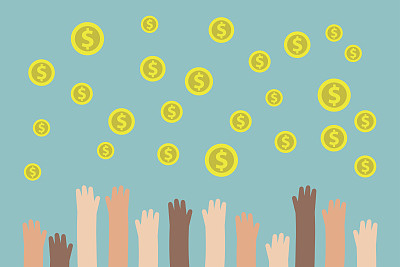 金融概念说明。举起手试图抓住下落的硬币/平面可编辑矢量插图，剪辑艺术素材图片