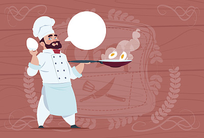 厨师厨师拿着平底锅与鸡蛋微笑卡通首席在白色餐厅制服在木制纹理的背景素材图片