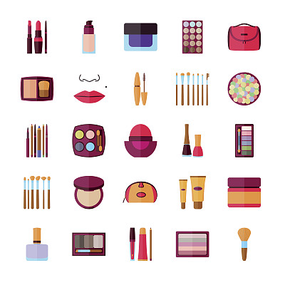 一套装饰化妆品脸部，嘴唇，皮肤，眼睛，指甲，眉毛和美容盒。矢量插图。图片下载