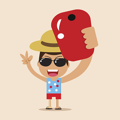 一个穿着休闲装的男人正在旅行，拍下了她的照片，自拍。图片下载