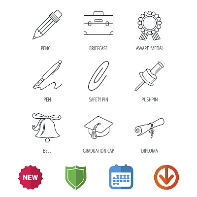 毕业帽、铅笔和毕业证书图标。图片下载