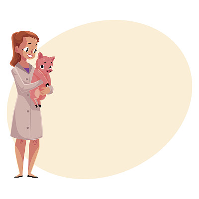 女人，女兽医，兽医在医用大衣抱着猪图片下载