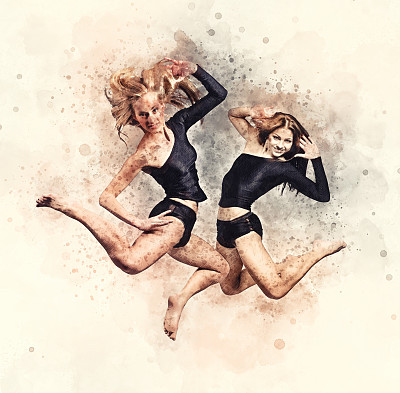 两个充满活力的女孩跳跃图片下载