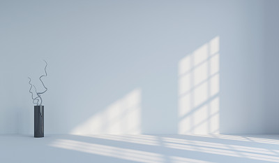 空的白色极简主义的房间和花瓶与树枝。三维渲染图片下载