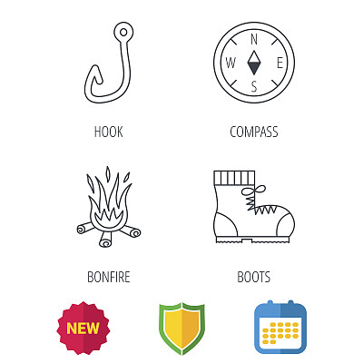鱼钩，指南针和登山靴的图标。图片下载