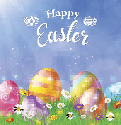有蛋，草，花的复活节快乐卡片图片下载