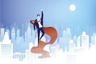 身穿西装飞起来的超级英雄商人矢量插画，适用于海报、演示文稿或名片图片下载