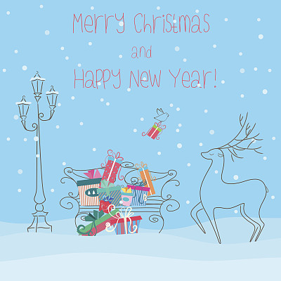 鹿在满是礼物的长凳旁。2017年新年贺卡或海报设计。圣诞插图图片下载