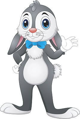 卡通兔子在白色的背景上挥舞着蓝色的蝴蝶结图片下载