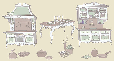 一套旧式厨房家具的草图图片下载