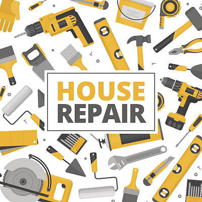 家里修理旗帜。施工工具。家居装修和建筑的手工工具。平面风格，矢量插图。图片下载