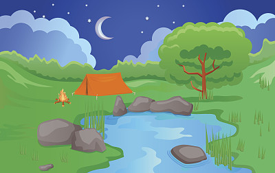 在夜晚露营与半月矢量图片下载