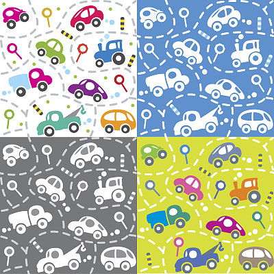路上的汽车。无缝的儿童模式设置。图片下载