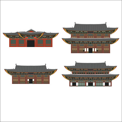 韩国国家设计平面卡通元素。旅游地标，首尔旅游胜地。世界度假旅游城市观光亚洲大厦收藏。亚洲建筑孤立的庆福宫、昌德宫、德sugung和昌荣宫宫殿图片下载