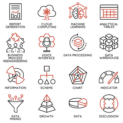 与商业智能、战略管理系统和平衡计分卡相关的16个图标向量集。单线象形图和信息图设计元素图片下载