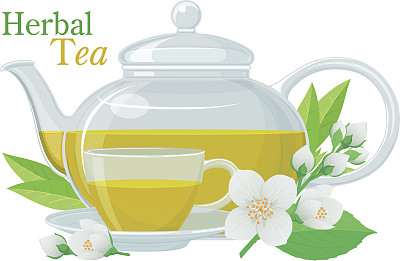 一套装有花草茶、茶杯和茶碟、茉莉花叶的玻璃茶壶。素材图片