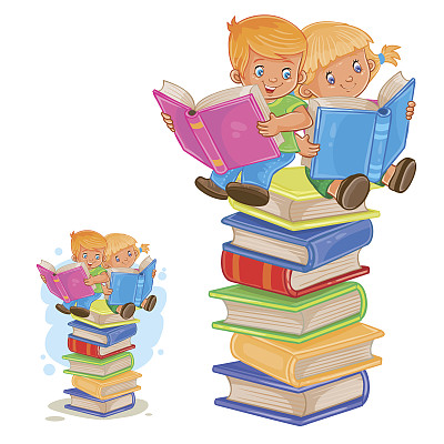 矢量小男孩和小女孩坐在一堆书上看书。图片下载