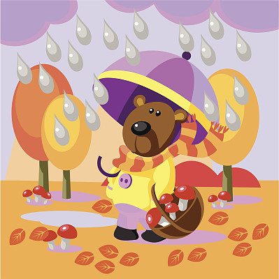 熊带着伞散步，收集蘑菇图片下载