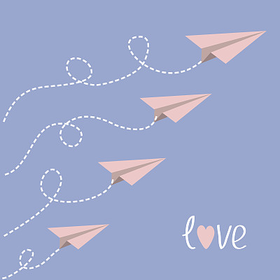 折纸平面。虚线在天空中盘旋。“爱”这个词。素材图片