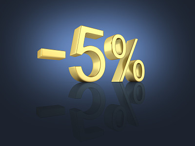 金色文本5%的深蓝渐变背景与反射3D渲染图片下载