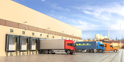 有门的大型配货仓库。三维演示图片下载