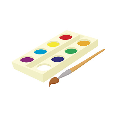 水彩在一个盒子与笔刷图标，卡通风格图片下载