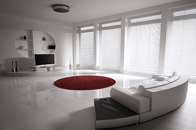 全白的现代客厅，中间铺着红地毯图片下载