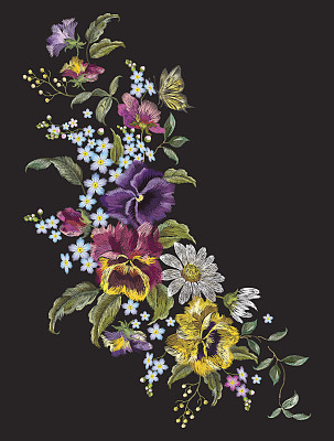 刺绣拉伸花卉图案与三色堇，甘菊和忘记我不。素材图片