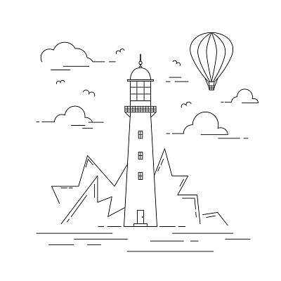 灯塔，景观，气球天空矢量插图。图片下载