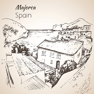 马略卡岛岛草图。草图。图片下载