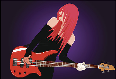 微笑的摇滚女孩与吉他的插图图片下载