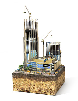 建筑的概念。在一块块土地上建造中的摩天大楼。三维演示图片下载