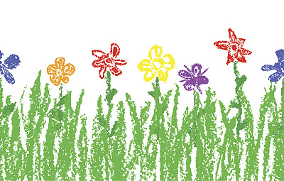 蜡笔像孩子的手画了五颜六色的花朵与绿色的草。无缝的像孩子画的花集。图片下载