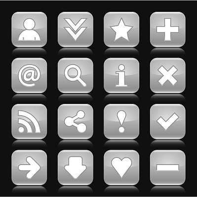 灰色光泽的图标，白色基本标志，方形按钮，黑色背景图片下载