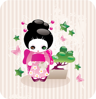 卡通日本女孩穿着和服与盆景图片下载