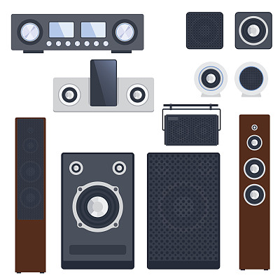 家庭音响系统立体声平面矢量音乐扩音器播放器低音炮设备技术图片下载