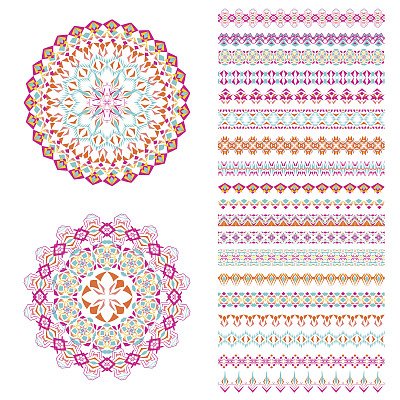向量集的几何边界和曼荼罗在民族波西米亚风格。里面的图案笔刷集合图片下载