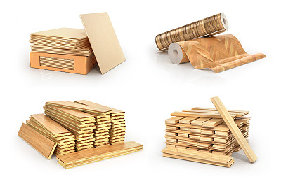 地板涂料类型。地板安装。套件不同的地板涂料。镶木地板、木板、瓷砖、黑胶木。三维演示图片下载