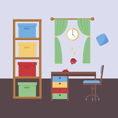 舒适舒适的婴儿房装饰儿童卧室室内家具和玩具向量图片下载