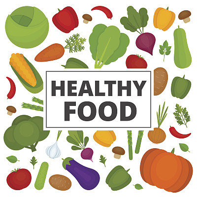 蔬菜的背景。新鲜蔬菜模式。有机健康食品。平面风格，矢量插图。图片下载