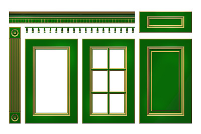 绿色与金色的门，抽屉，柱，厨房橱柜的飞檐隔离在白色上图片下载