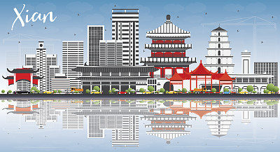 灰色建筑、蓝天、倒影的西安天际线。图片下载