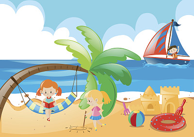 孩子们玩耍的海滩场景图片下载