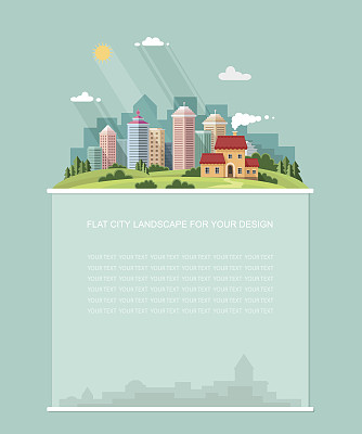 空白的文本。背景是乡村别墅。有现代建筑的城市平面图形景观与摩天大楼。矢量图标用于设计图片下载