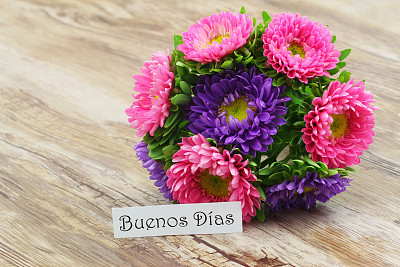 Buenos dias(西班牙语早上好)卡片，上面有雏菊花图片下载