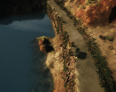 一辆四驱车在山湖附近的路边抛锚。图片下载