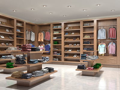 商店与木制货架和衣服，3d插图素材图片